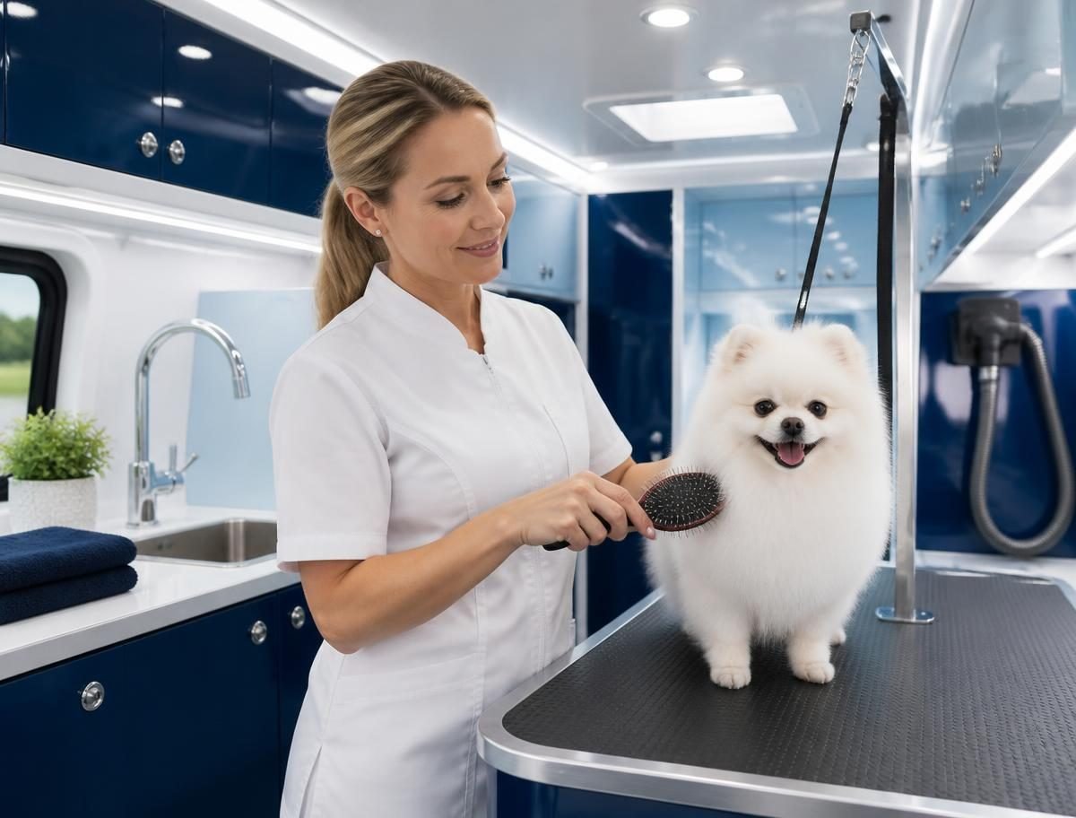 Pretty Paws Qatar groomer with a Pomeranian