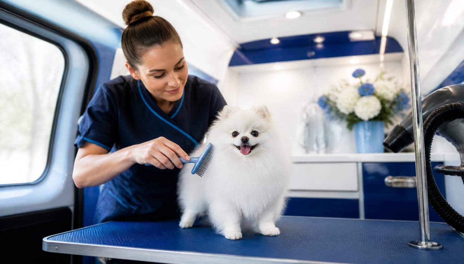 Pretty Paws groomer gently drying a happy dog inside the mobile grooming van